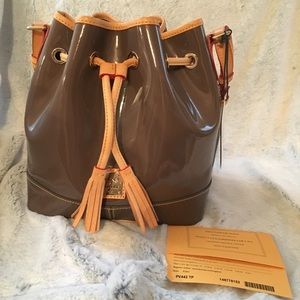 Dooney & Bourke Taupe Patent Drawstring Satchel